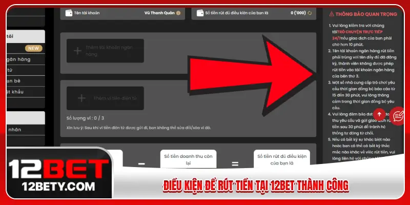 Điều kiện để rút tiền tại 12BET thành công