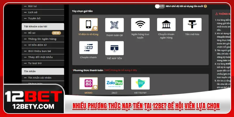 Nhiều phương thức nạp tiền tại 12BET để hội viên lựa chọn